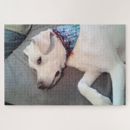 Niedlicher Funny White Puppy Brooding auf Couch Puzzle