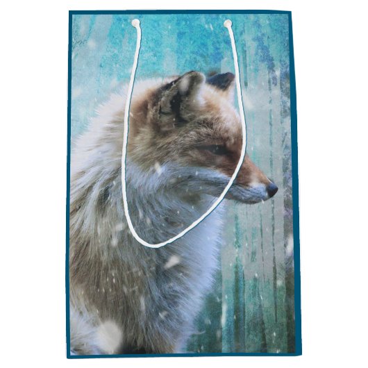 Niedlicher Furry Fox auf Blue Grunge Hintergrund Mittlere Geschenktüte (Vorderseite)