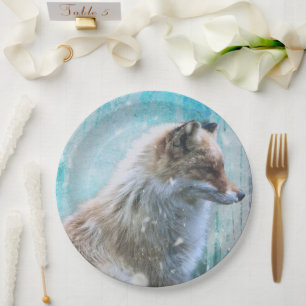 Niedlicher Furry Fox auf Blue Grunge Hintergrund Pappteller