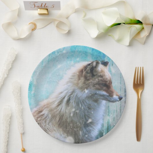 Niedlicher Furry Fox auf Blue Grunge Hintergrund Pappteller (Hochzeit)