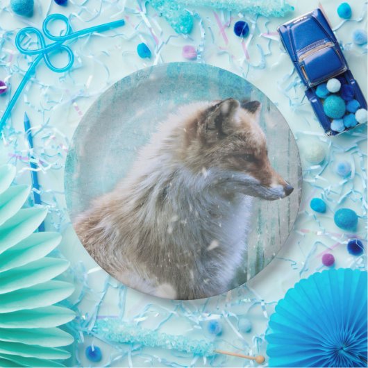 Niedlicher Furry Fox auf Blue Grunge Hintergrund Pappteller (Party)