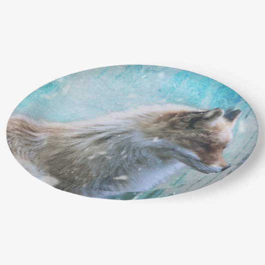 Niedlicher Furry Fox auf Blue Grunge Hintergrund Pappteller (Schrägansicht)