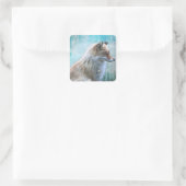 Niedlicher Furry Fox auf Blue Grunge Hintergrund Quadratischer Aufkleber (Tasche)