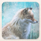 Niedlicher Furry Fox auf Blue Grunge Hintergrund Rechteckiger Pappuntersetzer (Vorderseite)