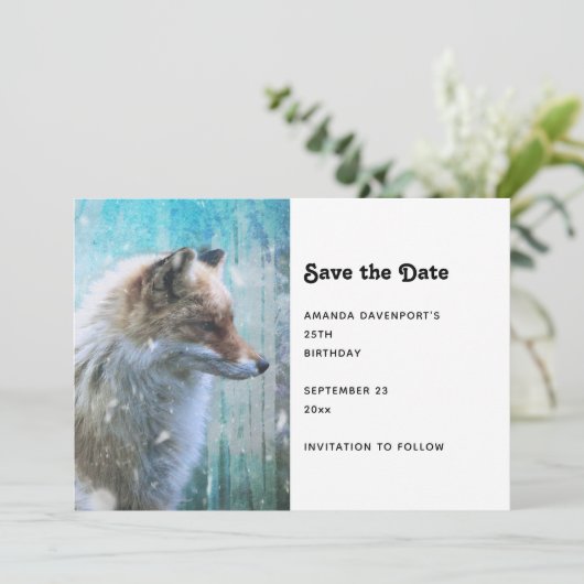 Niedlicher Furry Fox auf Blue Grunge Hintergrund Save The Date (Stehend Vorderseite)