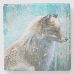 Niedlicher Furry Fox auf Blue Grunge Hintergrund Steinuntersetzer