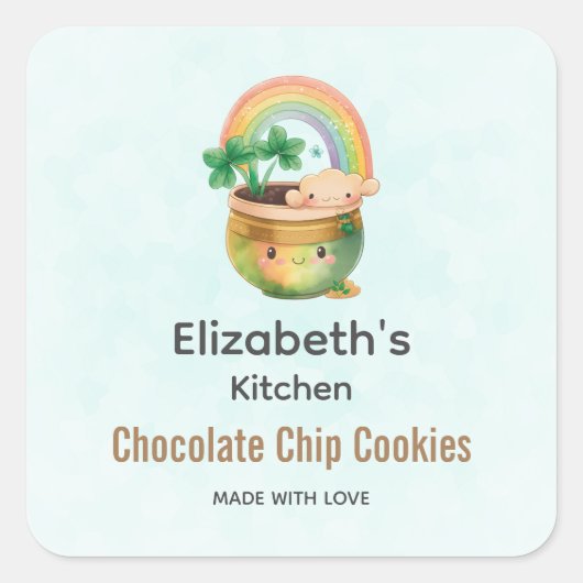 Niedlicher Gartenplanter mit Regenbogen & Clover K Quadratischer Aufkleber (Vorderseite)