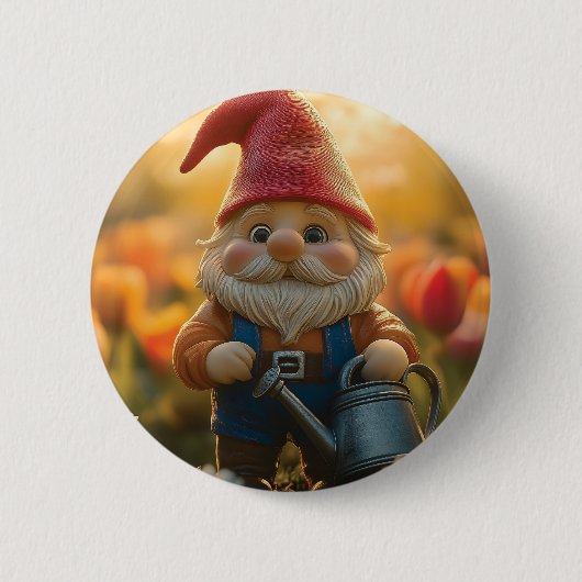 Niedlicher Gartenzwerg mit Gießkanne Button (Vorderseite)