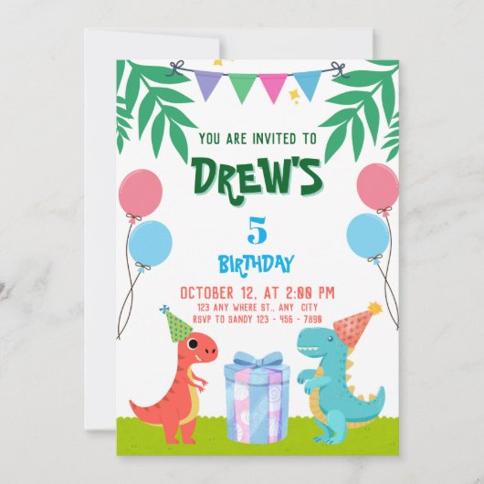 Niedlicher Geburtstag von Dinosaurier mit Balloons Einladung (Vorderseite)