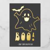 Niedlicher Geist "Boo!" Halloween-Design mit Bat Folieneinladung (Vorderseite)