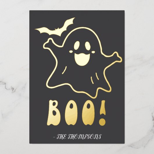 Niedlicher Geist "Boo!" Halloween-Design mit Bat Folieneinladung (Vorderseite)
