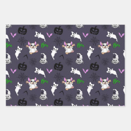 Niedlicher Geist Französisch Bulldog Kürbis Hallow Geschenkpapier Set