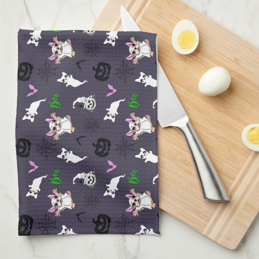 Niedlicher Geist Französisch Bulldog Kürbis Hallow Geschirrtuch (Viertel Falte)