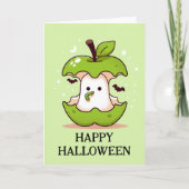 Niedlicher Geist in grünem Apfel mit WurmHalloween Karte (Vorderseite)