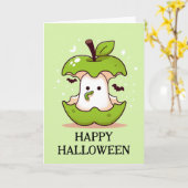 Niedlicher Geist in grünem Apfel mit WurmHalloween Karte (Gelbe Blume)