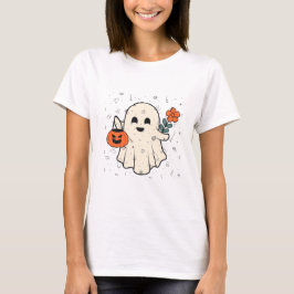 Niedlicher Geist mit Blume und Kürbiskeule Hallowe T-Shirt