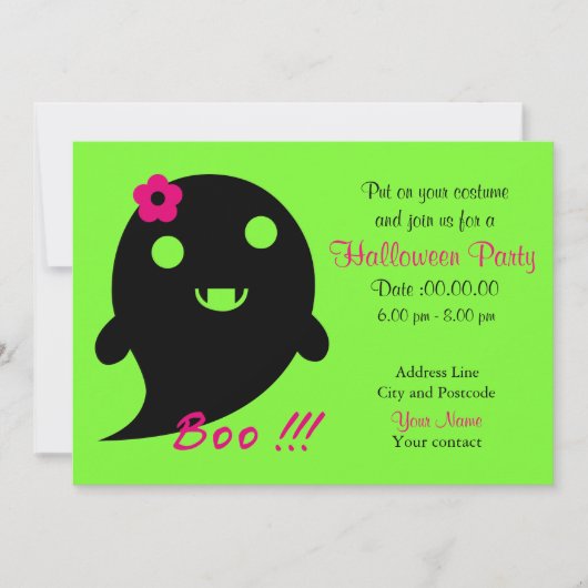 Niedlicher Geist mit Blume und Wort "Boo" Einladung (Vorderseite)