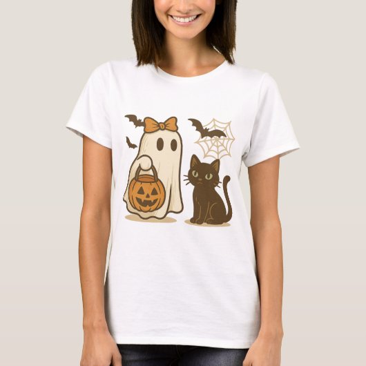 Niedlicher Geist mit Bow und Black Cat - Spooky Ka T-Shirt (Vorderseite)