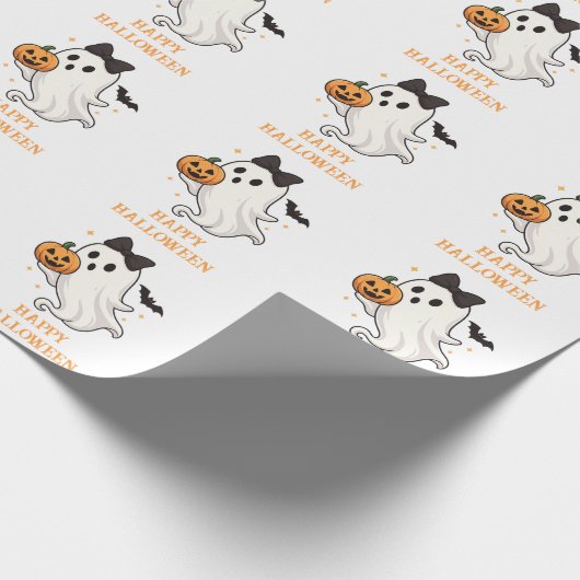 Niedlicher Geist mit Bow und Pumpkin | Halloween Geschenkpapier (Ecke)