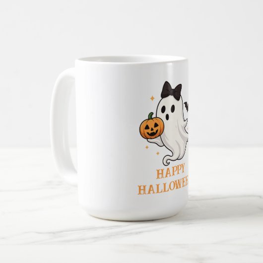 Niedlicher Geist mit Bow und Pumpkin | Halloween Kaffeetasse (Vorderseite Links)
