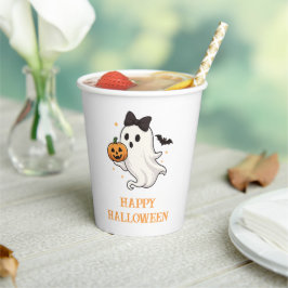 Niedlicher Geist mit Bow und Pumpkin | Halloween Pappbecher