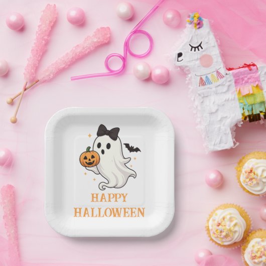 Niedlicher Geist mit Bow und Pumpkin | Halloween Pappteller (Party)