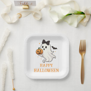 Niedlicher Geist mit Bow und Pumpkin   Halloween Pappteller