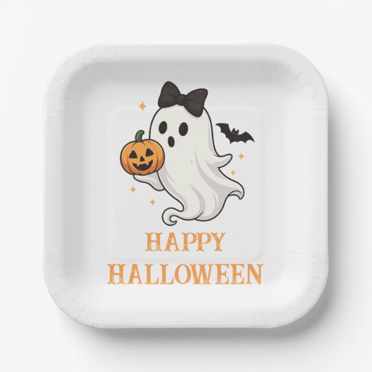 Niedlicher Geist mit Bow und Pumpkin | Halloween Pappteller (Vorderseite)