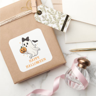 Niedlicher Geist mit Bow und Pumpkin Halloween Quadratischer Aufkleber