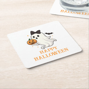 Niedlicher Geist mit Bow und Pumpkin   Halloween Rechteckiger Pappuntersetzer