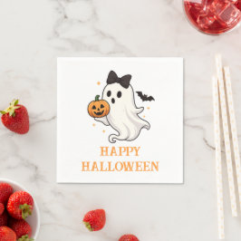 Niedlicher Geist mit Bow und Pumpkin | Halloween Serviette