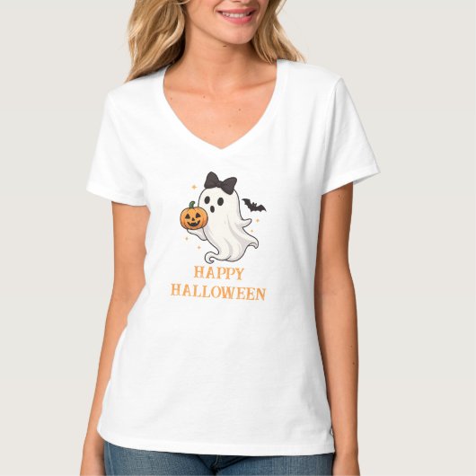 Niedlicher Geist mit Bow und Pumpkin | Halloween T-Shirt (Vorderseite)
