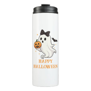 Niedlicher Geist mit Bow und Pumpkin Halloween Thermosbecher