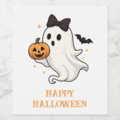 Niedlicher Geist mit Bow und Pumpkin | Halloween Weinetikett (Einzelnes Label)