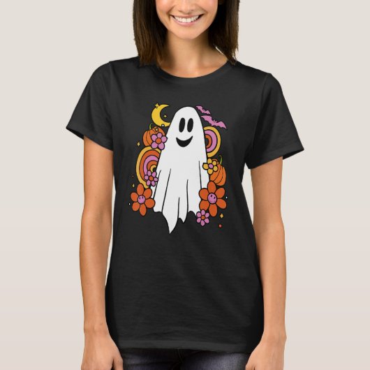 Niedlicher Geist mit Kürbis und Blumenstrauß oder  T-Shirt (Vorderseite)