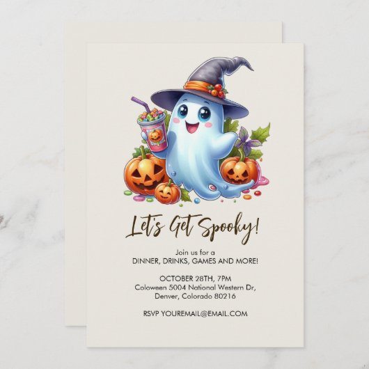 Niedlicher Geist mit leckeren Getränken, Halloween Einladung (Vorne/Hinten)
