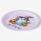 Niedlicher Geist mit leckeren Getränken, Halloween Pappteller (Schrägansicht)