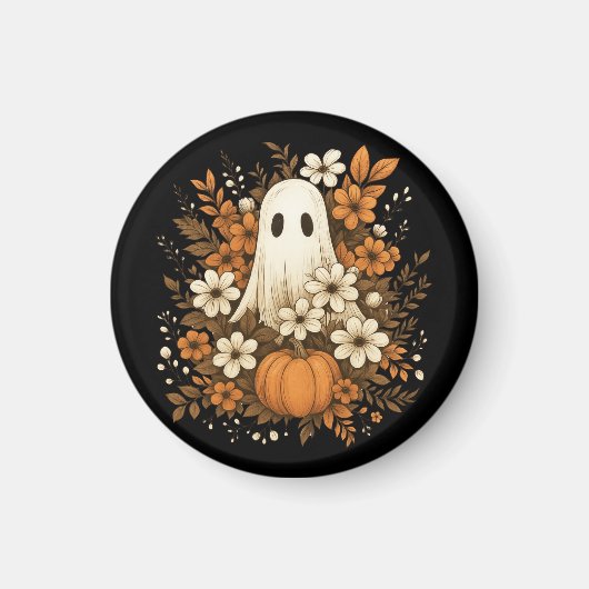Niedlicher Geist mit Pumpkin & Fall Blume - Hallow Magnet (Vorne)