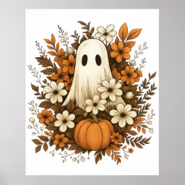 Niedlicher Geist mit Pumpkin & Fall Blume - Hallow Poster