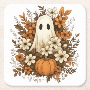 Niedlicher Geist mit Pumpkin & Fall Blume - Hallow Rechteckiger Pappuntersetzer