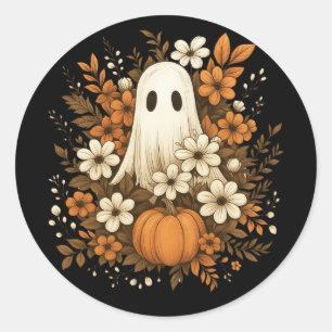 Niedlicher Geist mit Pumpkin & Fall Blume - Hallow Runder Aufkleber