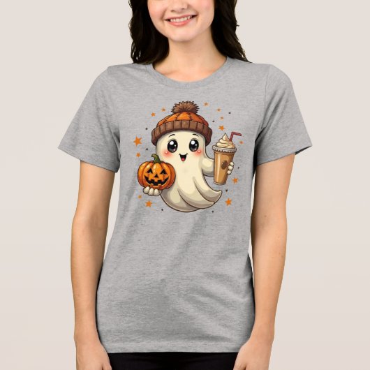 Niedlicher Geist mit Pumpkin & Kaffee Halloween T Tri-Blend Shirt (Vorderseite)