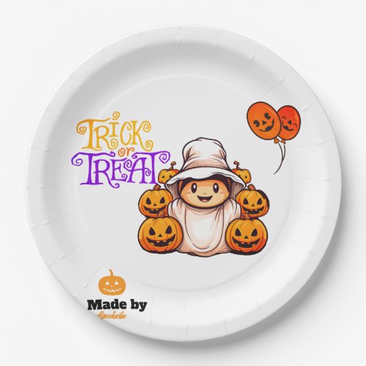 Niedlicher Geist mit Pumpkins Trick oder Treat Hal Pappteller (Vorderseite)