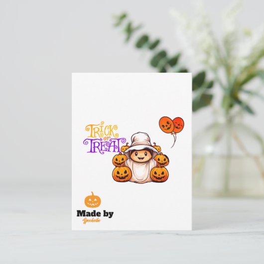 Niedlicher Geist mit Pumpkins Trick oder Treat Hal Postkarte (Stehend Vorderseite)