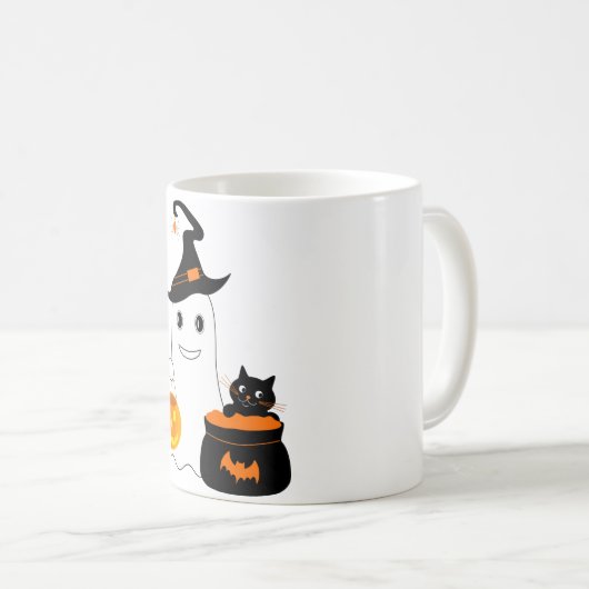 Niedlicher Geist mit schwarzer Katze feiert Halbze Kaffeetasse (VorderseiteRechts)