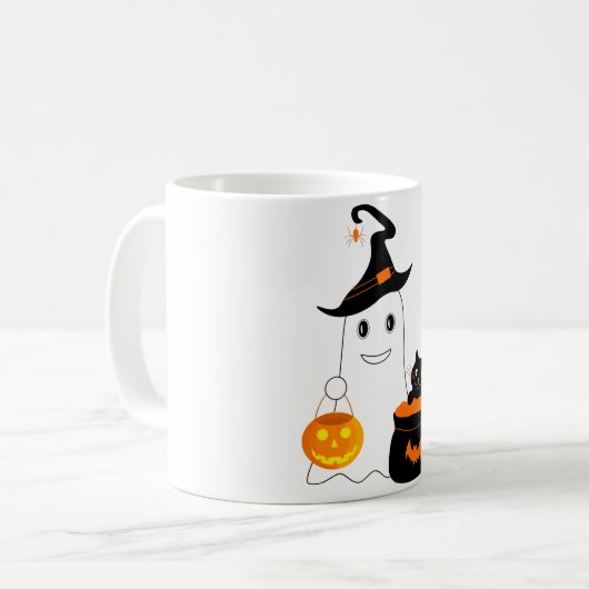 Niedlicher Geist mit schwarzer Katze feiert Halbze Kaffeetasse (Vorderseite Links)