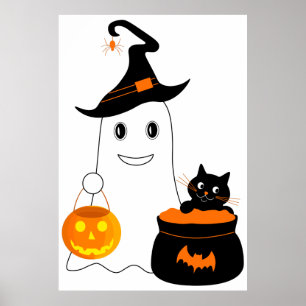 Niedlicher Geist mit schwarzer Katze feiert hallow Poster
