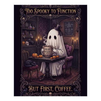 Niedlicher Geist trinkt Kaffee in einem unheimlich Poster