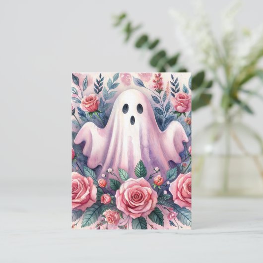 Niedlicher Geist unter rosa Rosen Postkarte (Stehend Vorderseite)