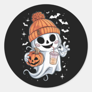 Niedlicher Geistertrinkkaffee zu Halloween-Eiskaff Runder Aufkleber